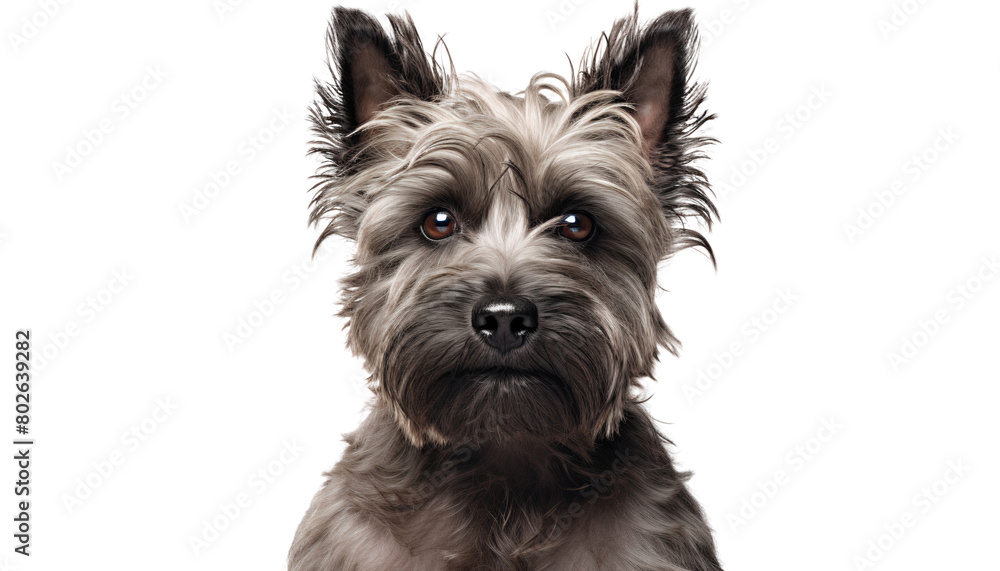 Cute cairn terrier dog close up face, isolated on transparent background