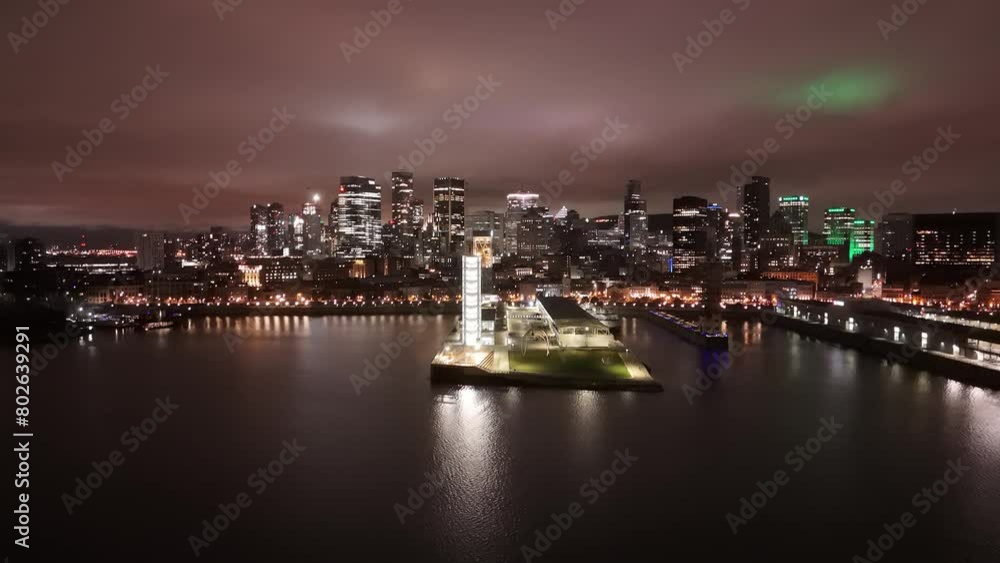 Flight along the Montreal Skyline at night with beautiful city lights of Montreal - travel photography by drone Flight along the Montreal Skyline at night with beautiful city lights of Montreal - travel photography by drone