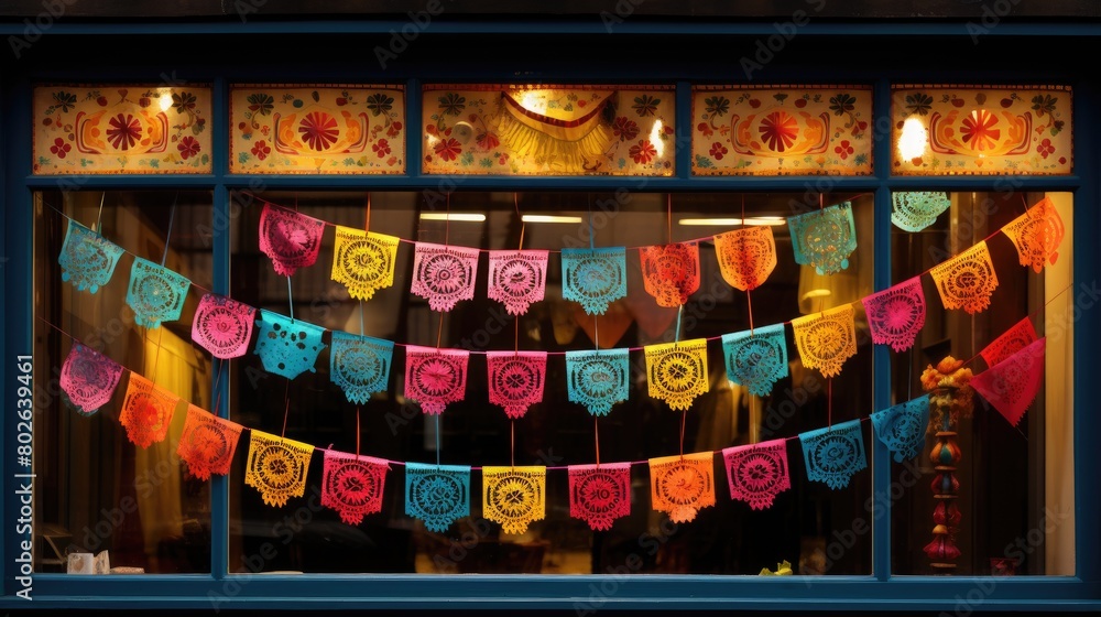 Colorful Mexican paper flags hanging in window display