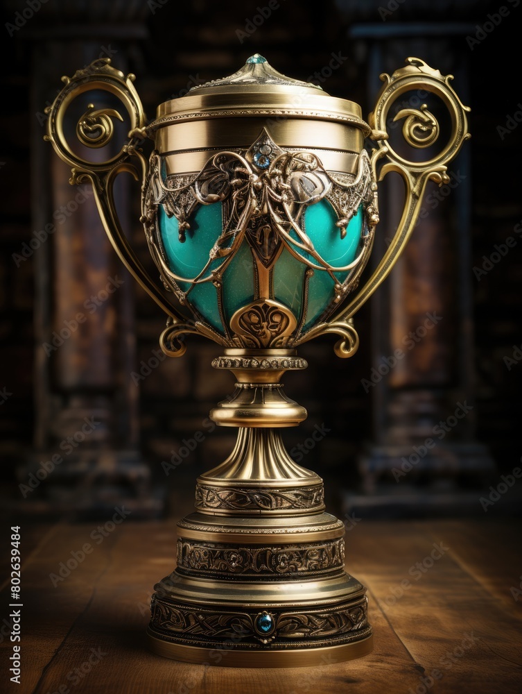 Ornate golden trophy with turquoise accents Ornate golden trophy with turquoise accents