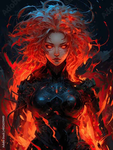 Fiery female warrior with glowing eyes and flaming hair