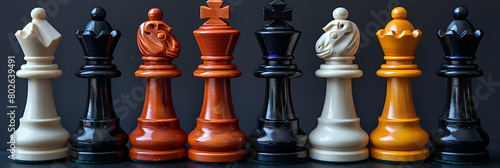 chess pieces on a chessboard,
One Chess Piece is with a full set of chess stra  photo