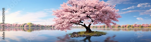 Stunning cherry blossom tree by tranquil lake