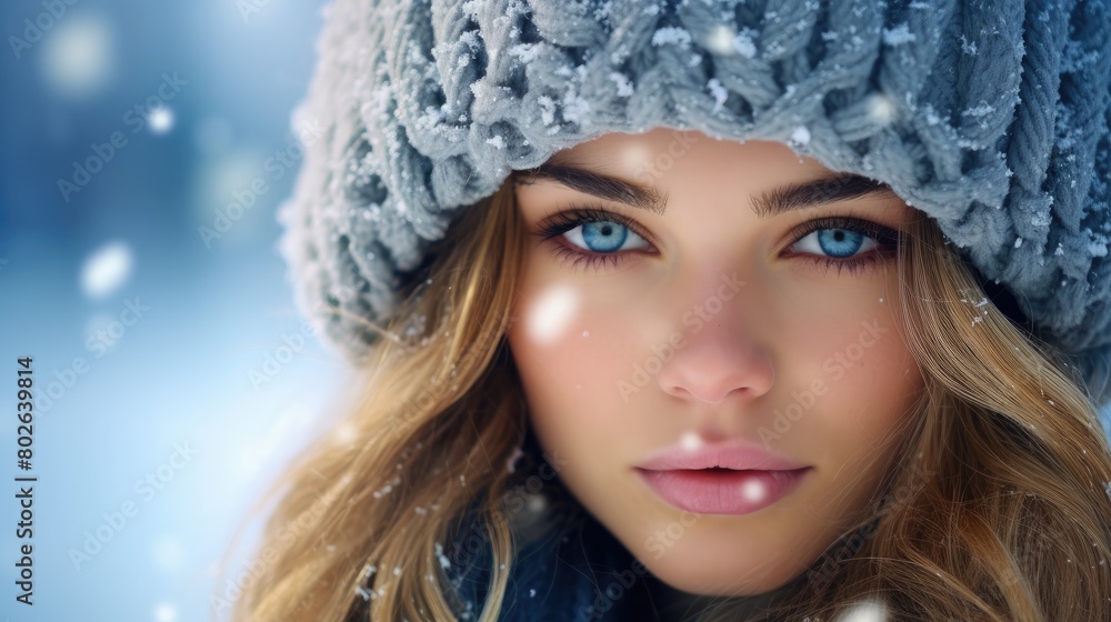 Captivating winter portrait of a woman with striking blue eyes Captivating winter portrait of a woman with striking blue eyes