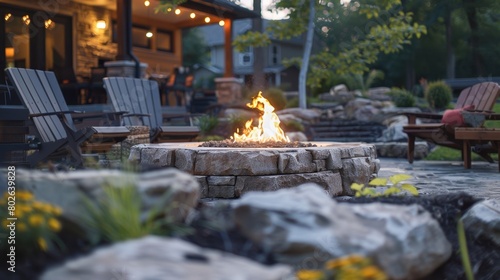 Surrounded by natural stone and modern landscaping the fire pit provides a stunning focal point for the backyard imbuing the space with a touch of rustic charm. 2d flat cartoon.