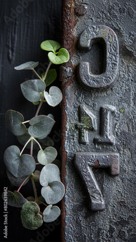 A rusty metal sign with the numbers 14 and 17 on it photo