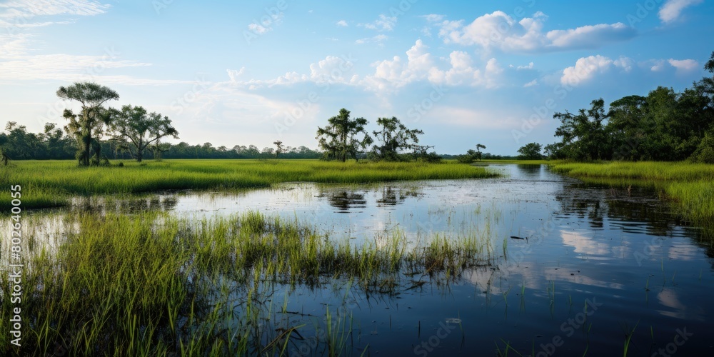 Serene wetland landscape with lush vegetation and calm waters