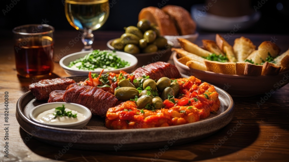 Delicious Mediterranean-style platter with grilled meats, olives, and fresh bread Delicious Mediterranean-style platter with grilled meats, olives, and fresh bread