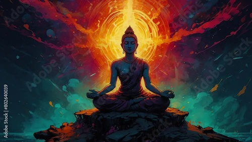 Buddha statue in the lotus position on fire background.concept religion, spirituality, meditation, harmony, praying photo