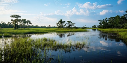 Serene wetland landscape with lush vegetation and calm waters