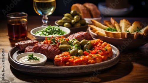Delicious Mediterranean-style platter with grilled meats  olives  and fresh bread