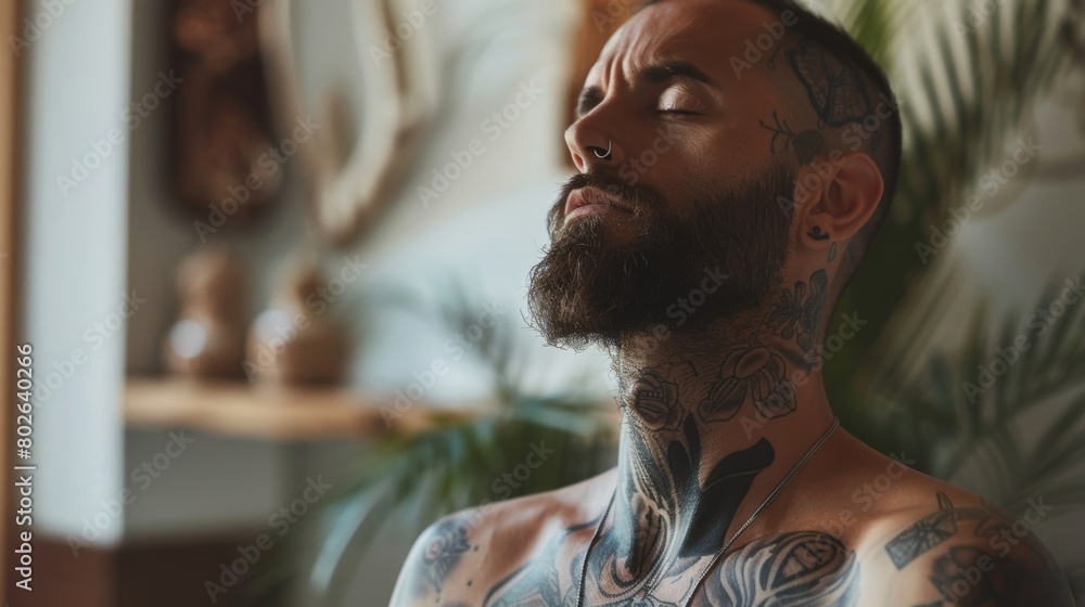 A man with tattoos and a beard breathing deeply and slowly as he holds a restorative yoga pose finding inner peace and emotional balance.