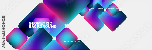 A geometric background featuring purple and azure squares on a white backdrop. The design incorporates violet and magenta hues, creating an entertaining display of shapes like triangles