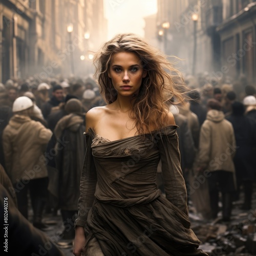 woman in dramatic dress on crowded city street