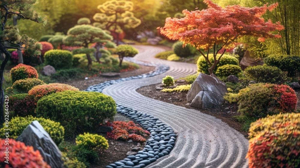 Spring Vibrant Japanese Garden With Winding Path Spring Vibrant Japanese Garden With Winding Path