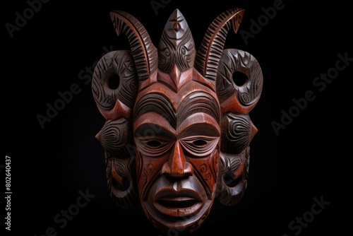 Intricate wooden tribal mask with horns and detailed carvings