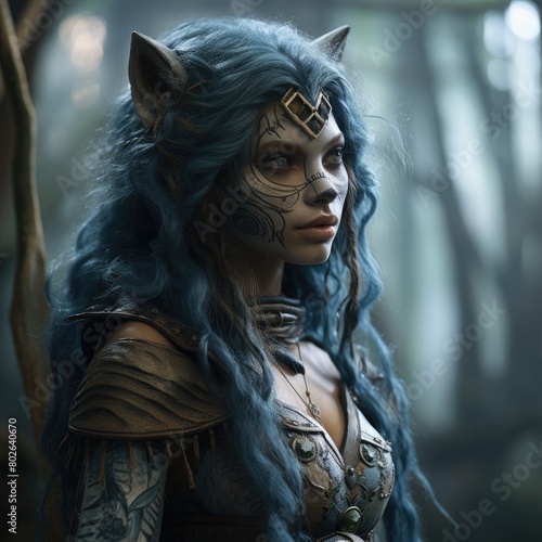 Mysterious fantasy warrior woman with blue hair and face paint