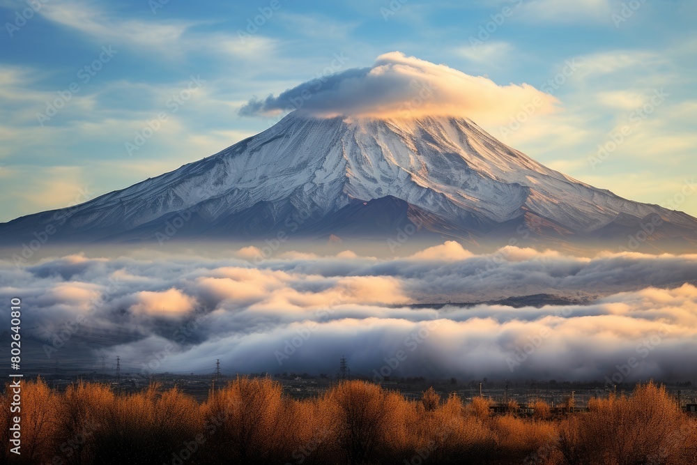 Majestic snow-capped mountain peak with dramatic clouds Majestic snow-capped mountain peak with dramatic clouds