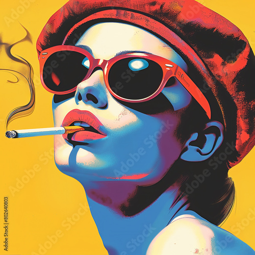Brightly colored pop art illustration of a French woman wearing sunglasses and a beret smoking a cigarette.