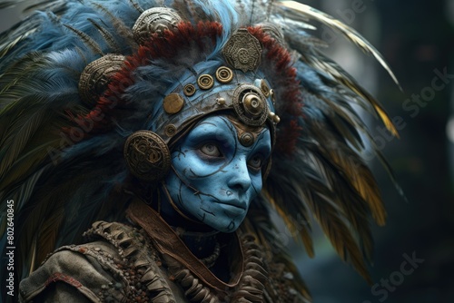 Mystical blue shaman with feathered headdress