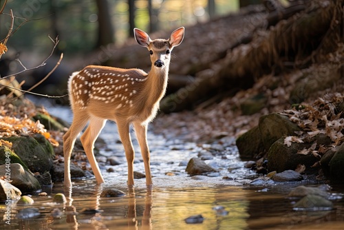 Spotted deer standing in forest stream