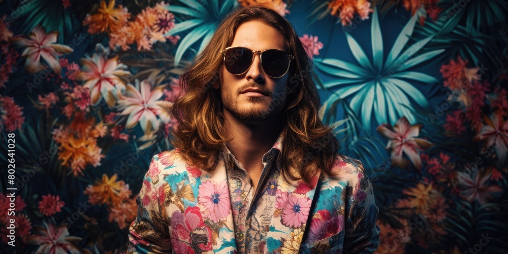 stylish man with sunglasses in tropical floral setting stylish man with sunglasses in tropical floral setting