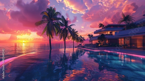 a sunset over the ocean. There are palm trees on the beach and a house in the background. The sky is a gradient of purple and pink and the water is a deep blue.