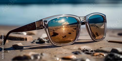 Sunglasses reflect nature beauty in summer sun, sunglasses on the beach, Square Sunglasses, Generative AI