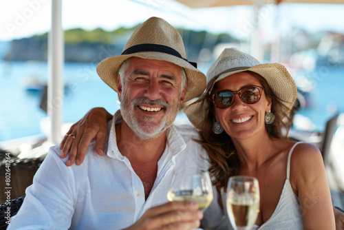 Cheerful Mature Couple Toasting with Wine on a Sunny Yacht Deck.