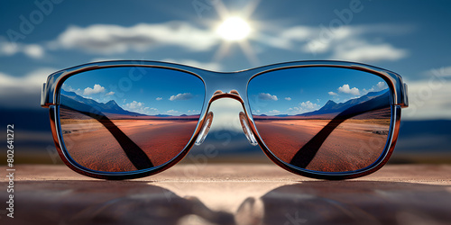 Sunglasses with reflection of sunset, Fancy trendy modest brown color reflective lens man or woman fashionable attractive sun glasses, Generative AI 