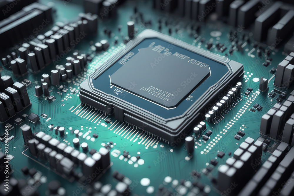 Concept shows the process of turning on the CPU in the motherboard. Digital pulses and signals from the chip propagate through the motherboard Concept shows the process of turning on the CPU in the motherboard. Digital pulses and signals from the chip propagate through the motherboard