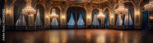 Opulent ballroom with ornate decor and chandeliers