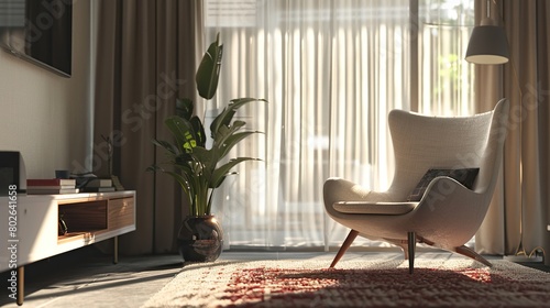 A bright  sunny room with a white armchair  plants  and a gray rug on the floor.