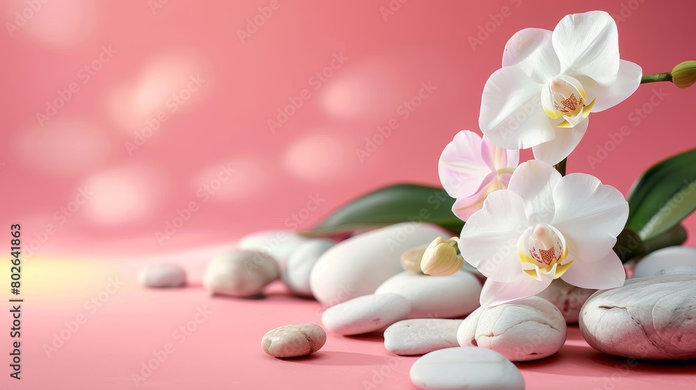 White Orchid and Stones on Pink Background White Orchid and Stones on Pink Background