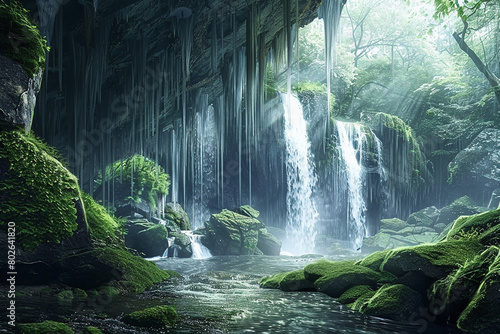 A mysterious cave entrance hidden behind a curtain of cascading waterfalls.