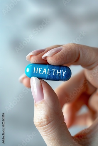 Fingers holding a blue mini pill with text "HEALTHY" , white soft background