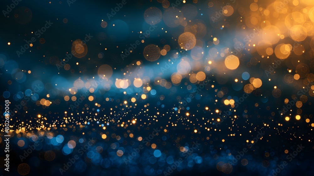A navy blue background with golden particles features an abstract design. Gold foil texture sparkles amidst the bokeh effect of Christmas lights shimmering. A navy blue background with golden particles features an abstract design. Gold foil texture sparkles amidst the bokeh effect of Christmas lights shimmering.