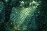 A mystical forest illuminated by shafts of sunlight filtering through the dense canopy above.