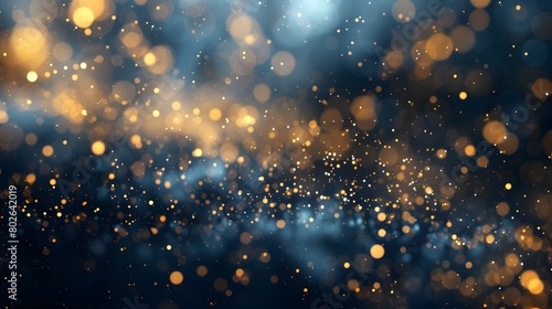 A navy blue background with golden particles features an abstract design. Gold foil texture sparkles amidst the bokeh effect of Christmas lights shimmering. © horizon