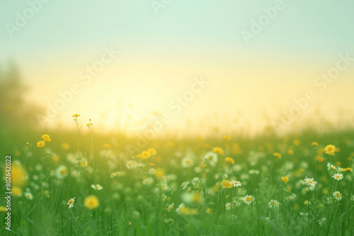 Lush Meadow at Sunrise with Vibrant Wildflowers and a Warm, Soft Glow.