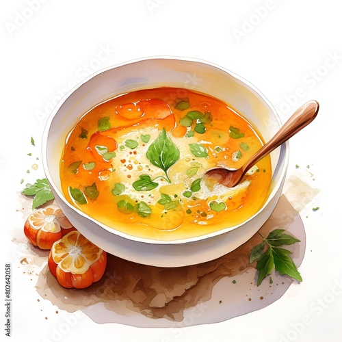 Vegetable soup with pumpkin, carrot, leek and basil. Watercolor illustration