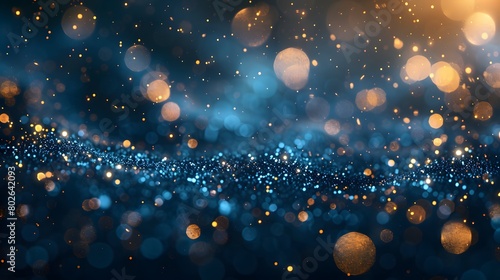 A navy blue background with golden particles features an abstract design. Gold foil texture sparkles amidst the bokeh effect of Christmas lights shimmering. photo