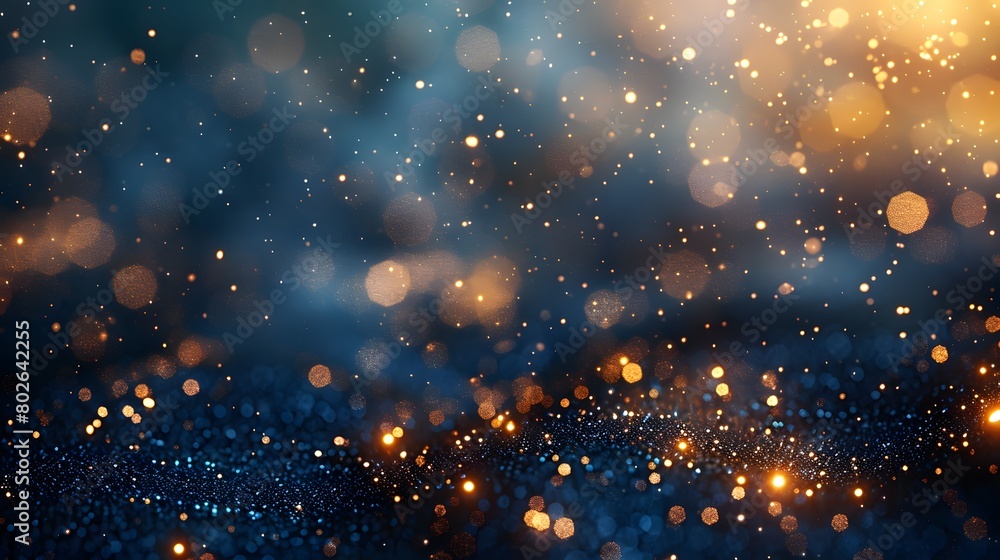 A navy blue background with golden particles features an abstract design. Gold foil texture sparkles amidst the bokeh effect of Christmas lights shimmering. A navy blue background with golden particles features an abstract design. Gold foil texture sparkles amidst the bokeh effect of Christmas lights shimmering.