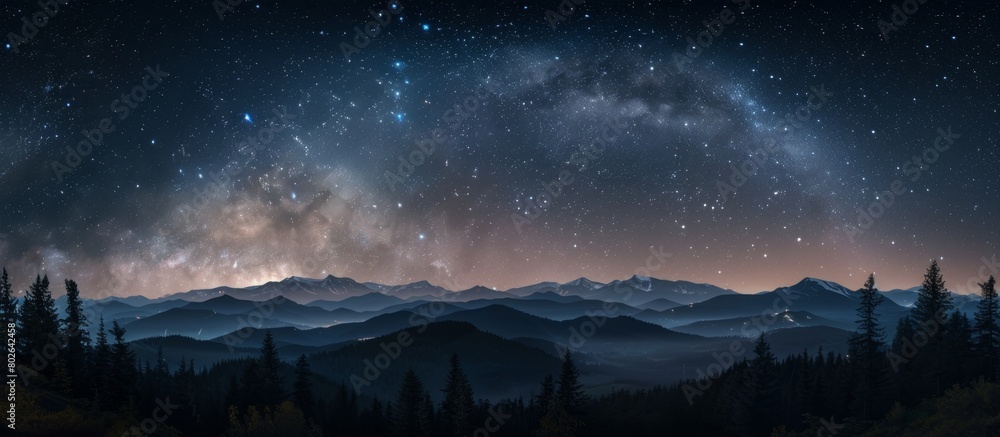 Silhouetted mountains stand against a beautiful night sky filled with twinkling stars and the Milky Way galaxy shining above