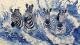 A painting of four zebras in the ocean