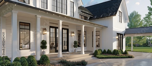 View of exterior architecture modern farmhouse with a front door featuring glass windows and porch