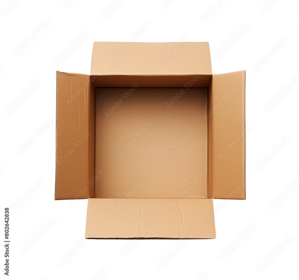 Top view open cardboard box, showing empty interior on transparent background. Generative AI