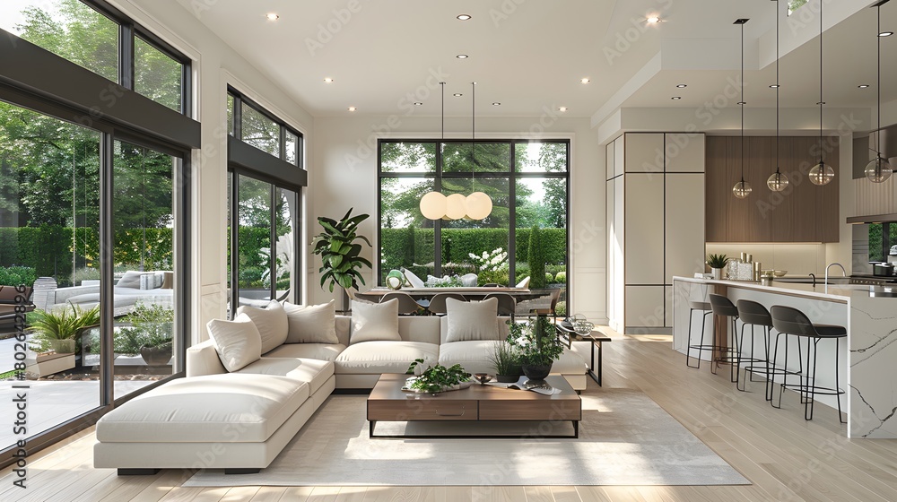 An interior design rendering of a modern living room and dining area in an open concept home with light wood floors, in the style of a minimalist modern interior design. An interior design rendering of a modern living room and dining area in an open concept home with light wood floors, in the style of a minimalist modern interior design.