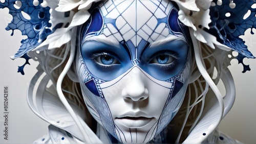 Eerie blue and white mask completes woman s Halloween costume