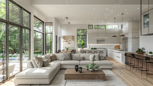 An interior design rendering of a modern living room and dining area in an open concept home with light wood floors  in the style of a minimalist modern interior design.